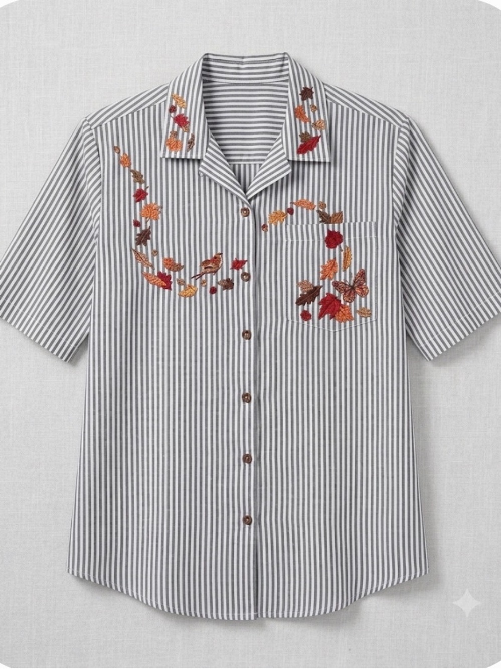 Embroidered Leaves Striped Button Front Blouse, Women’s L, Gray White